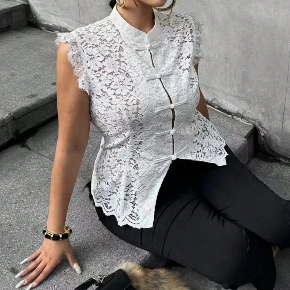 White Elegant Women's Plus Size Lace Button Collar Fitted Blouse - Picture 3 of 8